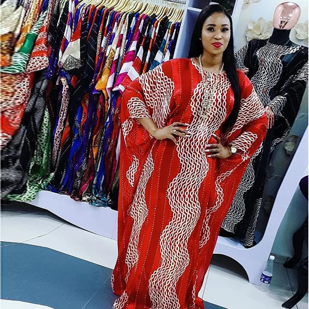 Fashion 2025 African Dresses Women Batwing Sleeve O - neck Wave Pattern Diamond Stripe Print Loose Party Chiffon Maxi Dress - Free Delivery Worldwide only at Flexi Africa
