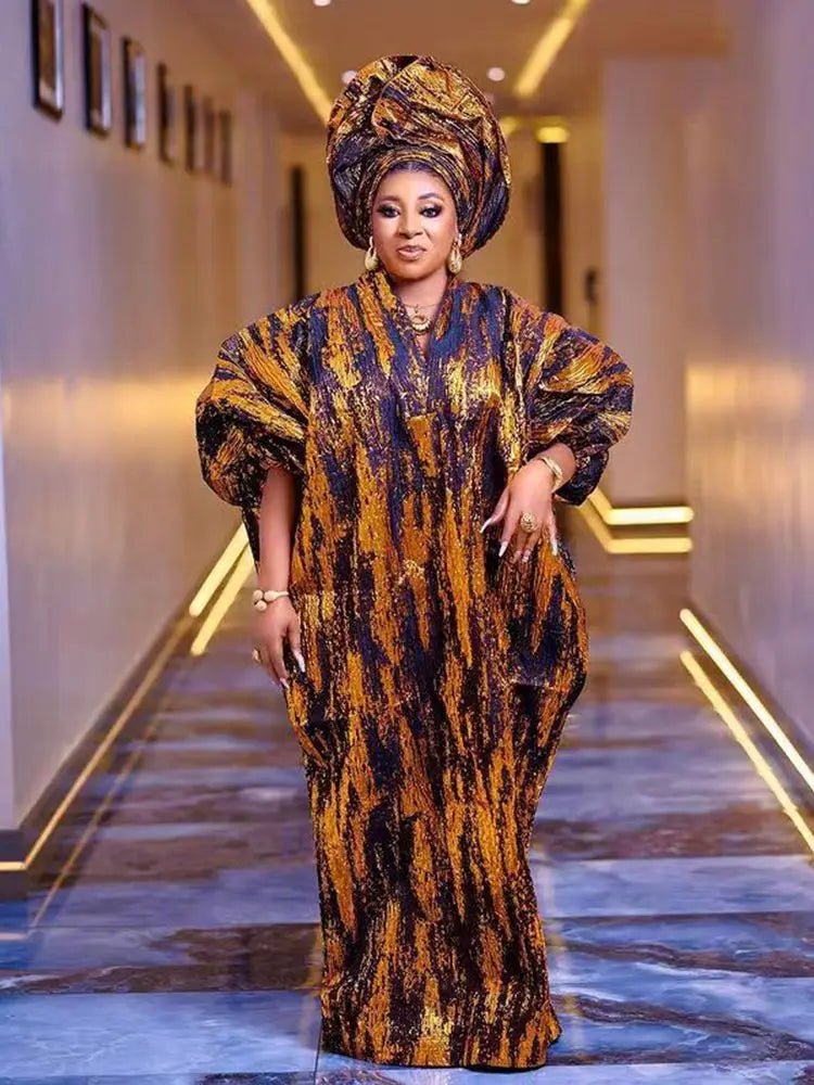 Fashion african dresses for woman BOUBOU custom bronzed jacquard fabric V - neck bat sleeve Dresses for chubby women - Free Delivery Worldwide only at Flexi Africa