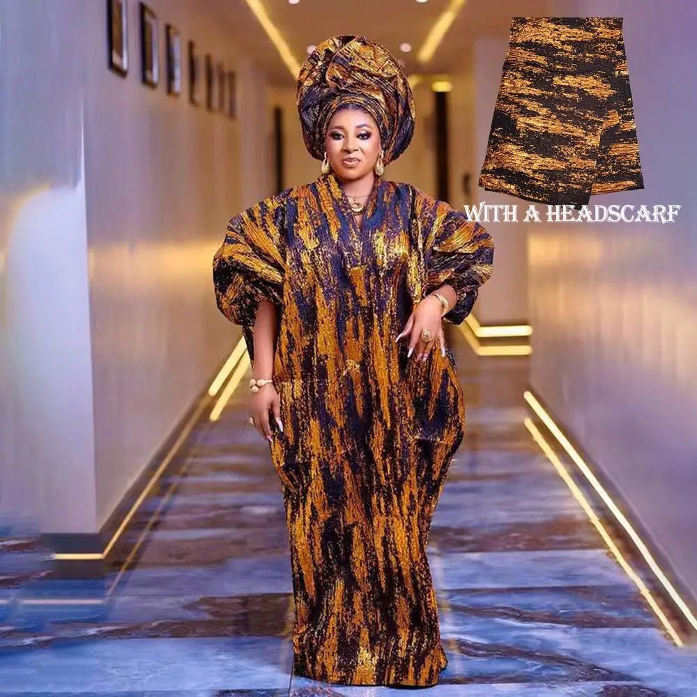 Fashion african dresses for woman BOUBOU custom bronzed jacquard fabric V - neck bat sleeve Dresses for chubby women - Free Delivery Worldwide only at Flexi Africa