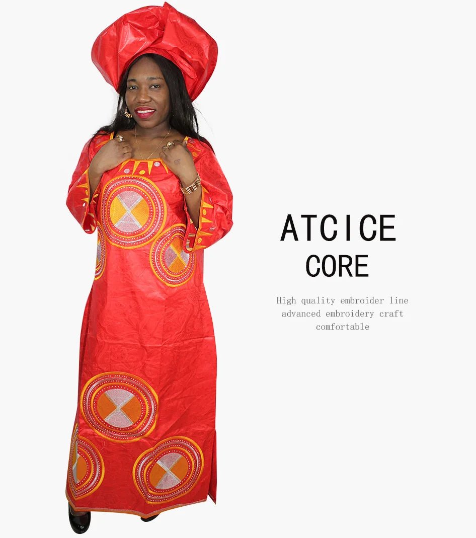 Fashionable African Dresses for Women: Bazin Riche Embroidery Long Dress with Matching Scarf - Free Delivery Worldwide only at Flexi Africa