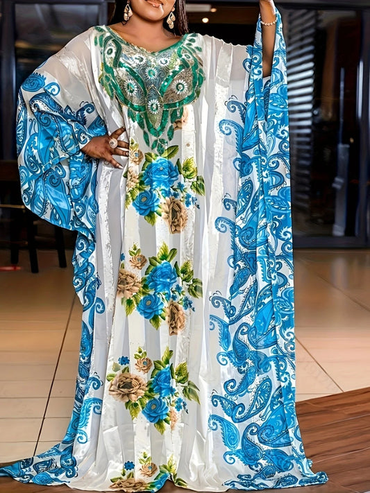 Floral Paisley Print Kaftan Dress, Elegant Ethnic Maxi Loose Kaftan Dress - Free Delivery Worldwide only at Flexi Africa