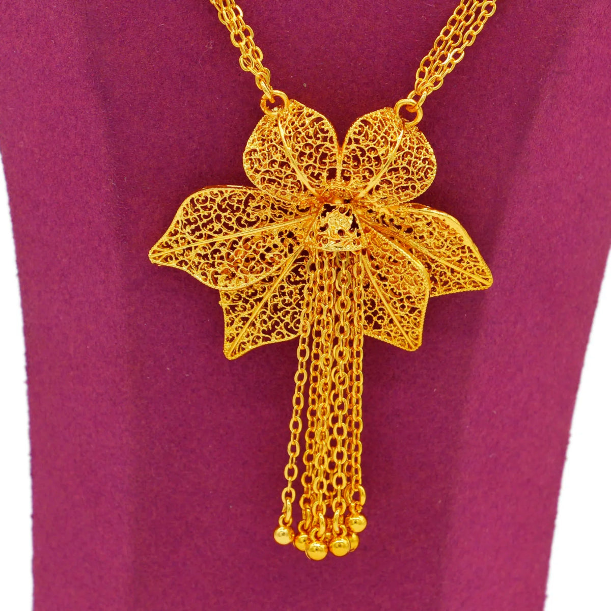 Gold Color Flower Tassel Necklace & Earrings Set: Elegant Ethiopian Bridal Jewelry for Women - Free Delivery Worldwide only at Flexi Africa