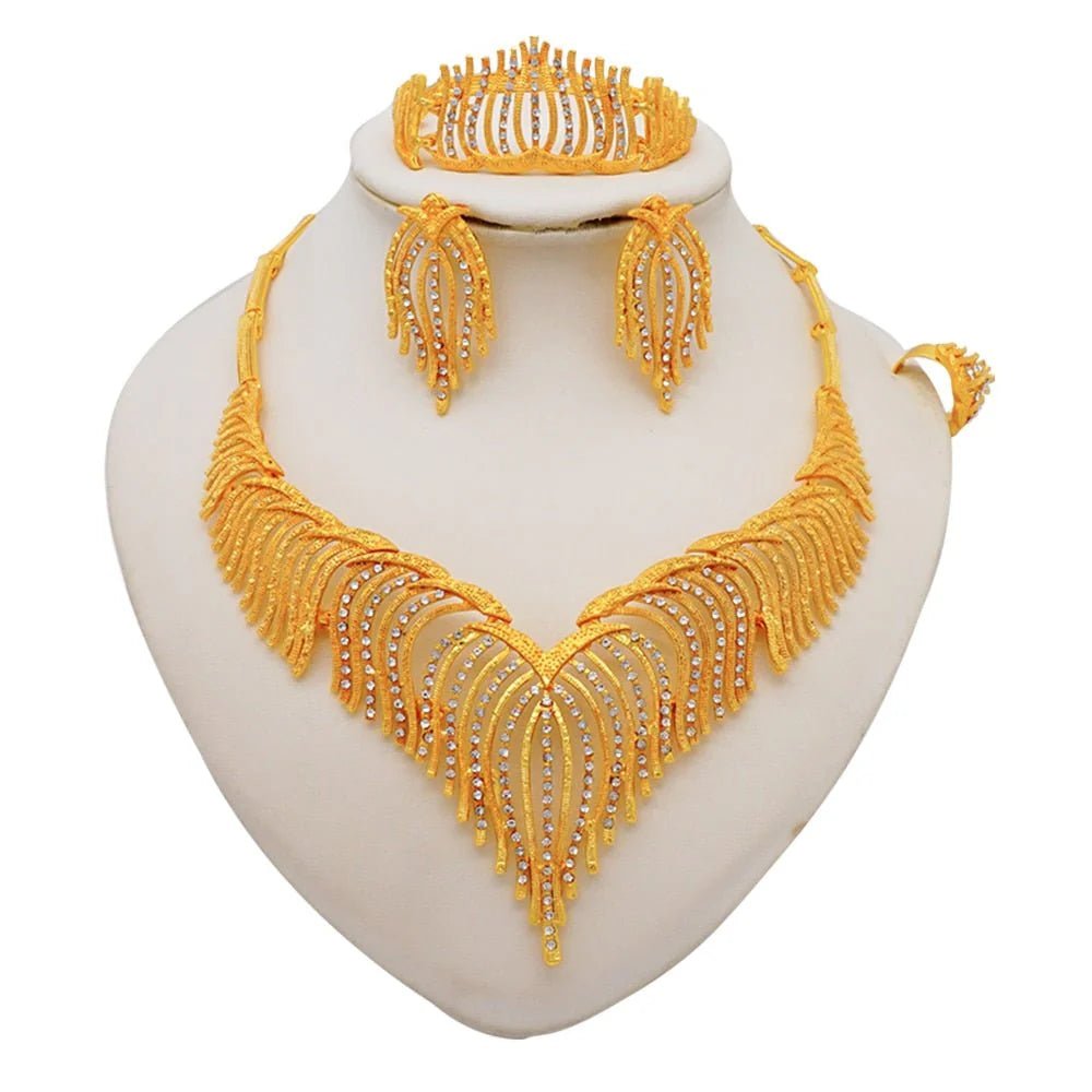 Gold Necklace Set for Women: Ideal for Nigerian African Weddings Complete with Earrings Rings - Flexi Africa