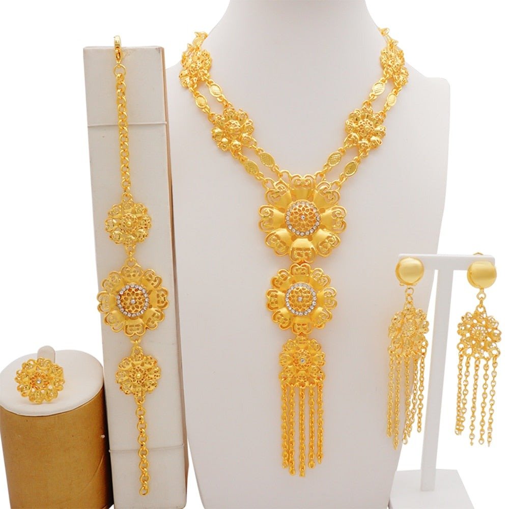 Gold Necklace Set for Women: Ideal for Nigerian African Weddings Complete with Earrings Rings - Flexi Africa