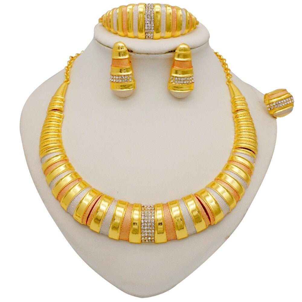 Gold Necklace Set for Women: Ideal for Nigerian African Weddings Complete with Earrings Rings - Flexi Africa