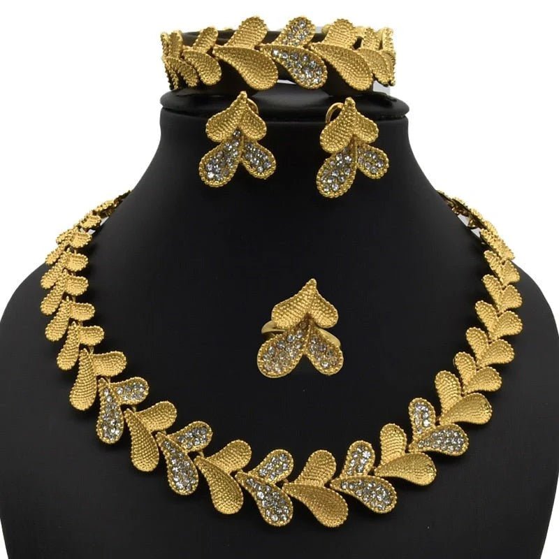 Gold Plated Wedding Jewelry Set - Complete African Chokers Necklace, Earrings, and Rings Fashion Bridal Jewellery Set