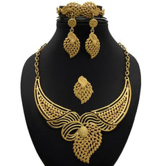 Gold Plated Wedding Jewelry Set - Complete African Chokers Necklace, Earrings, and Rings Fashion Bridal Jewellery Set