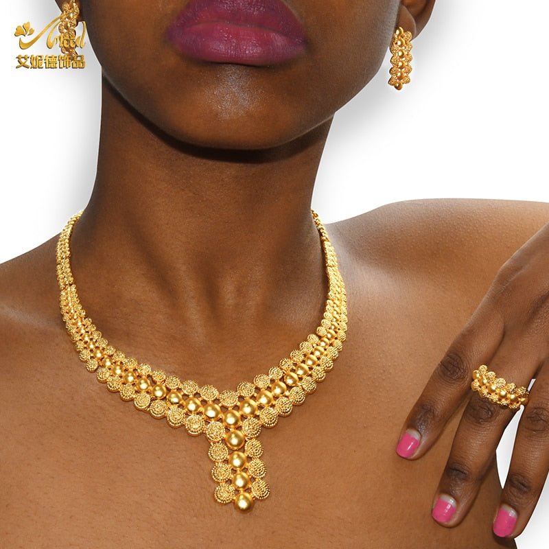 Gold Plated Wedding Jewelry Set - Complete African Chokers Necklace, Earrings, and Rings Fashion Bridal Jewellery Set