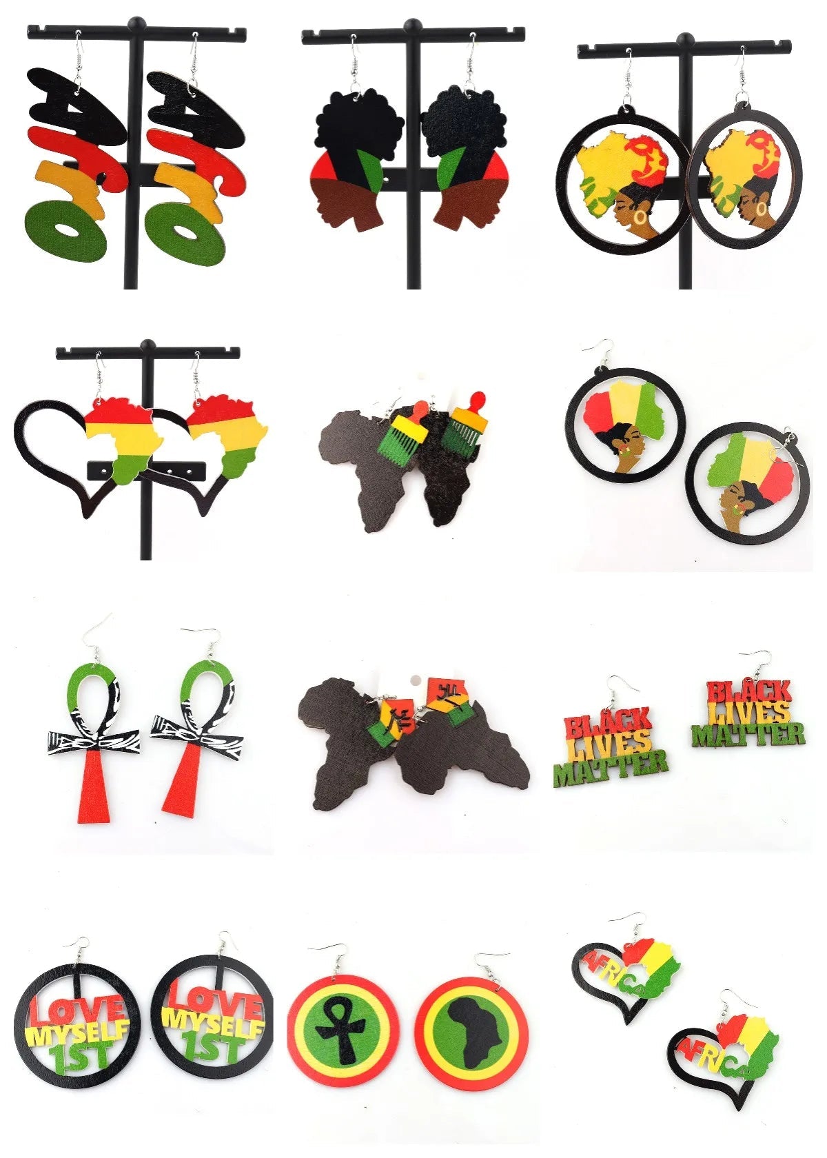 Handcrafted Rasta Wooden Earrings: Vibrant Mix of African Inspired Designs - Flexi Africa - Flexi Africa offers Free Delivery Worldwide - Vibrant African traditional clothing showcasing bold prints and intricate designs