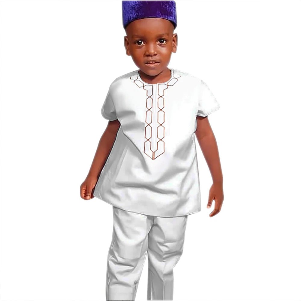 2PC African Outfit Children Dashiki Embroidery Short Sleeve Top Trouser Suit Robe - Free Delivery only at Flexi Africa