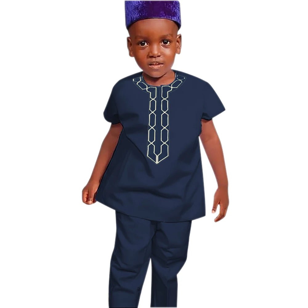 2PC African Outfit Children Dashiki Embroidery Short Sleeve Top Trouser Suit Robe - Free Delivery only at Flexi Africa