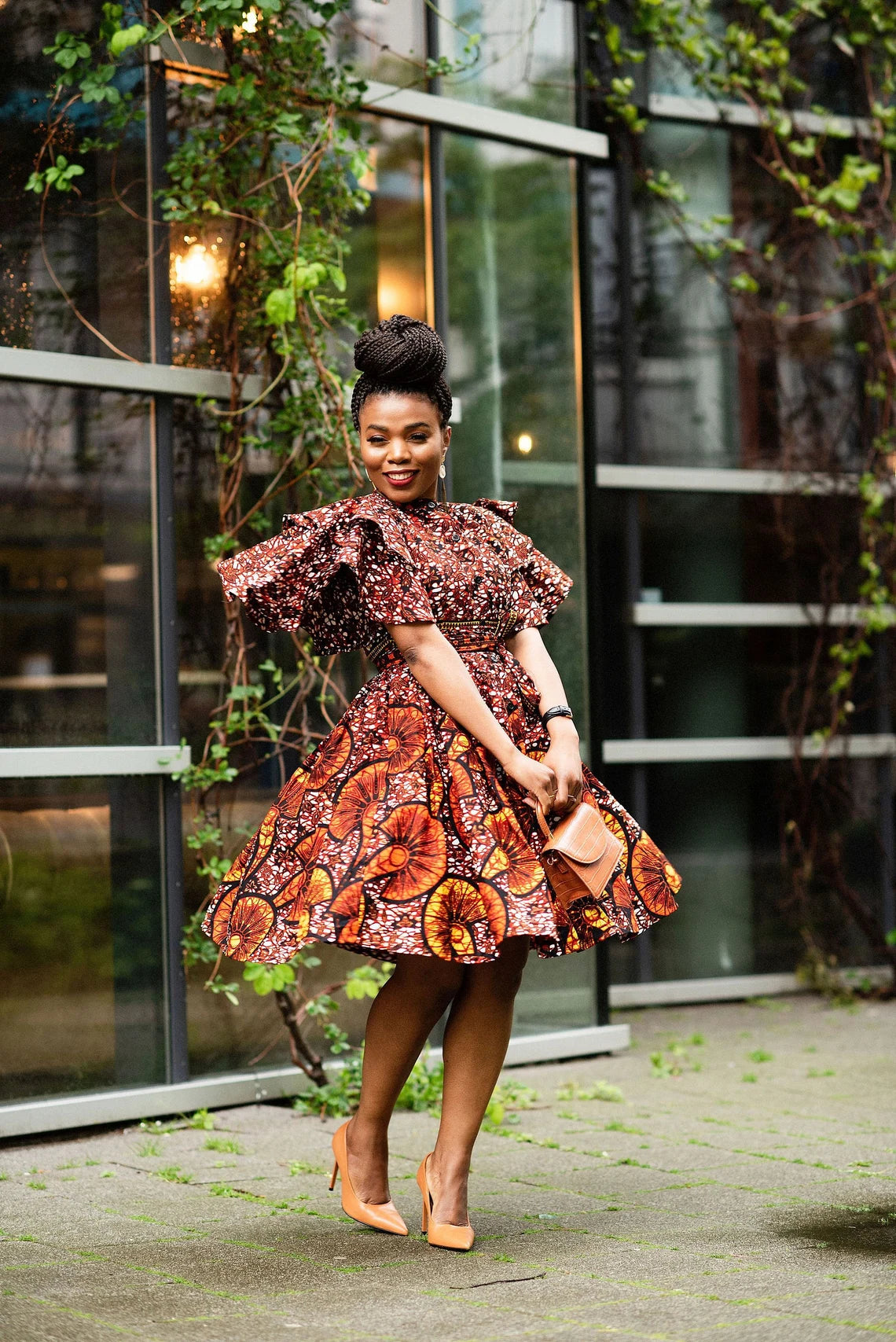 Lanre Brown Ankara High Neck Dress: Elegant African-Inspired Attire (Hand Made in Nigeria) - Flexi Africa - Flexi Africa offers Free Delivery Worldwide - Vibrant African traditional clothing showcasing bold prints and intricate designs