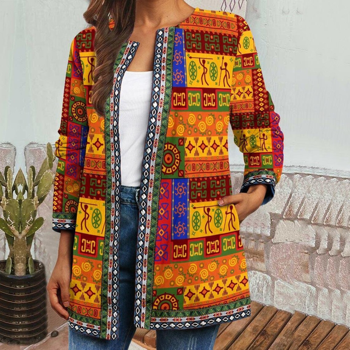 Elegant African Ethnic Plus Size Long Sleeves Jacket: A Stylish Gift for Women - Flexi Africa - Flexi Africa offers Free Delivery Worldwide - Vibrant African traditional clothing showcasing bold prints and intricate designs