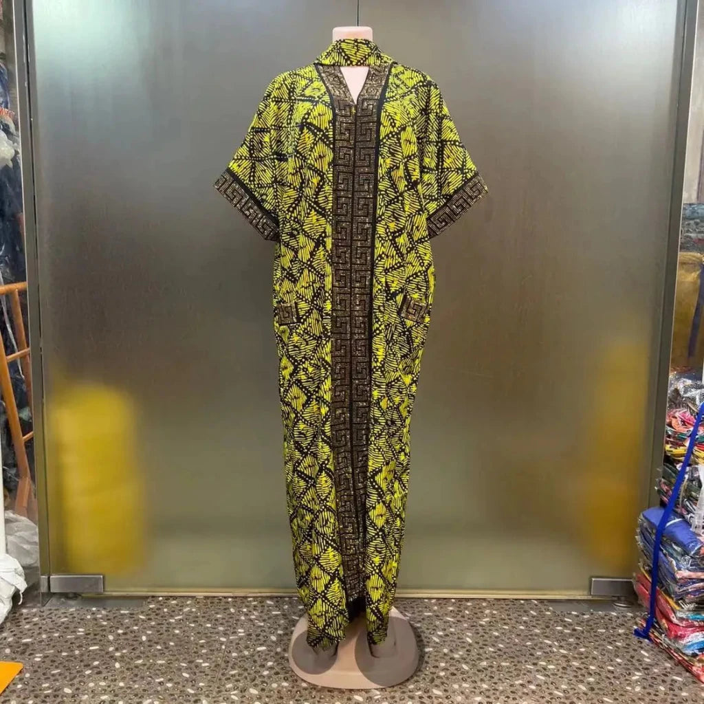 Luxury African Print Bubu Dress – V - Neck Loose Evening Gown with Rhinestone Pocket - Free Delivery Worldwide only at Flexi Africa