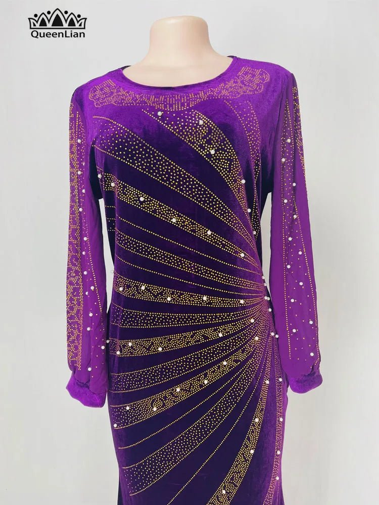 Luxury African Velvet Dress for Women – Pearl Diamond Embellished Long Tight Fashion Dress - Free Delivery Worldwide only at Flexi Africa
