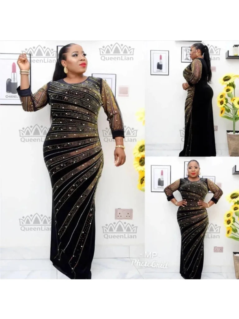 Luxury African Velvet Dress for Women – Pearl Diamond Embellished Long Tight Fashion Dress - Free Delivery Worldwide only at Flexi Africa