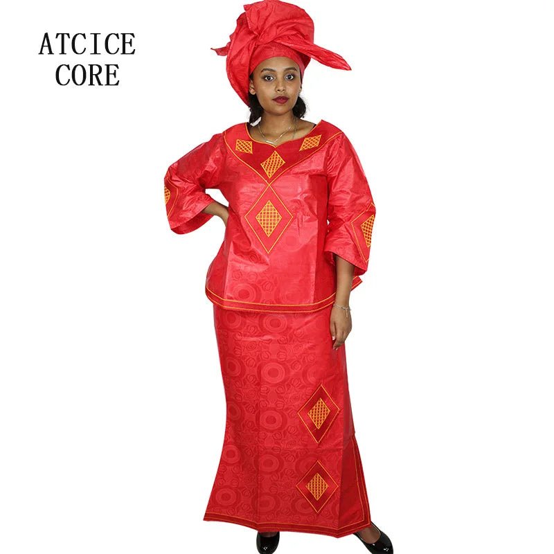 Luxury Bazin Riche African Dress for Women – Embroidered Maxi Gown with Headtie - Free Delivery Worldwide only at Flexi Africa