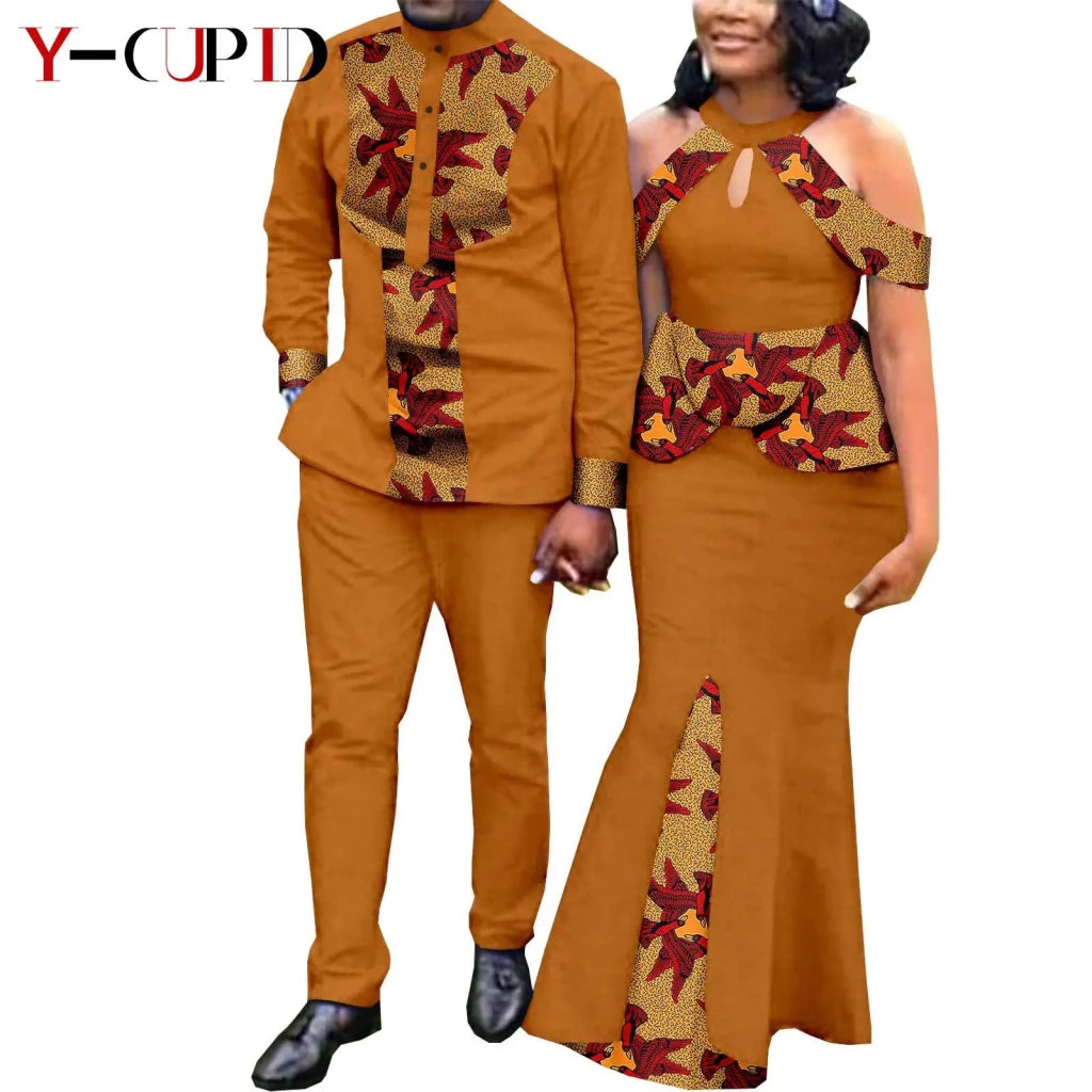 Buy Matching Bazin African Couple Attire – Women’s Mermaid Dress & Men’s Shirt Pant Set for only $67.83 at Flexi Africa!
