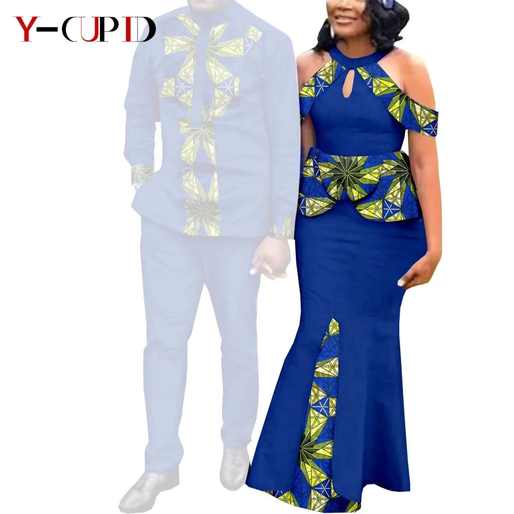 Buy Matching Bazin African Couple Attire – Women’s Mermaid Dress & Men’s Shirt Pant Set for only $67.83 at Flexi Africa!