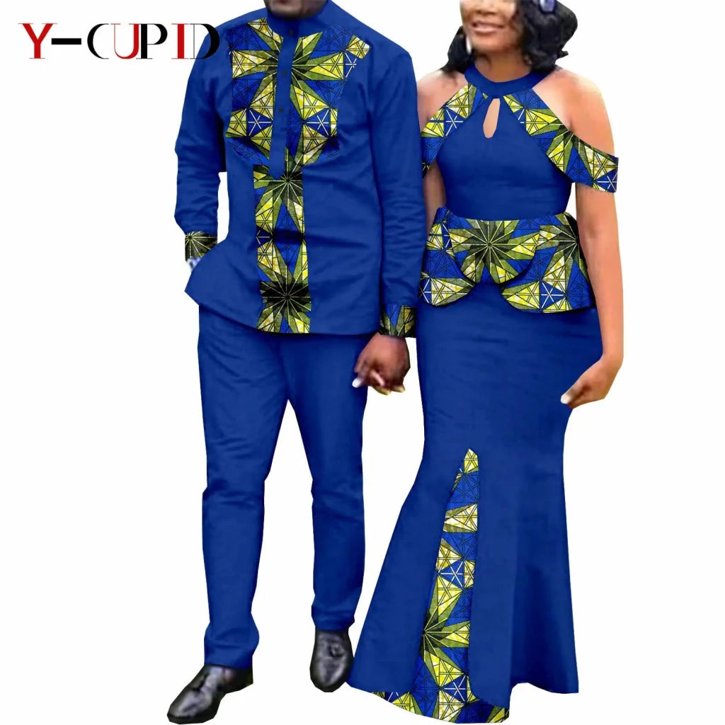 Buy Matching Bazin African Couple Attire – Women’s Mermaid Dress & Men’s Shirt Pant Set for only $67.83 at Flexi Africa!