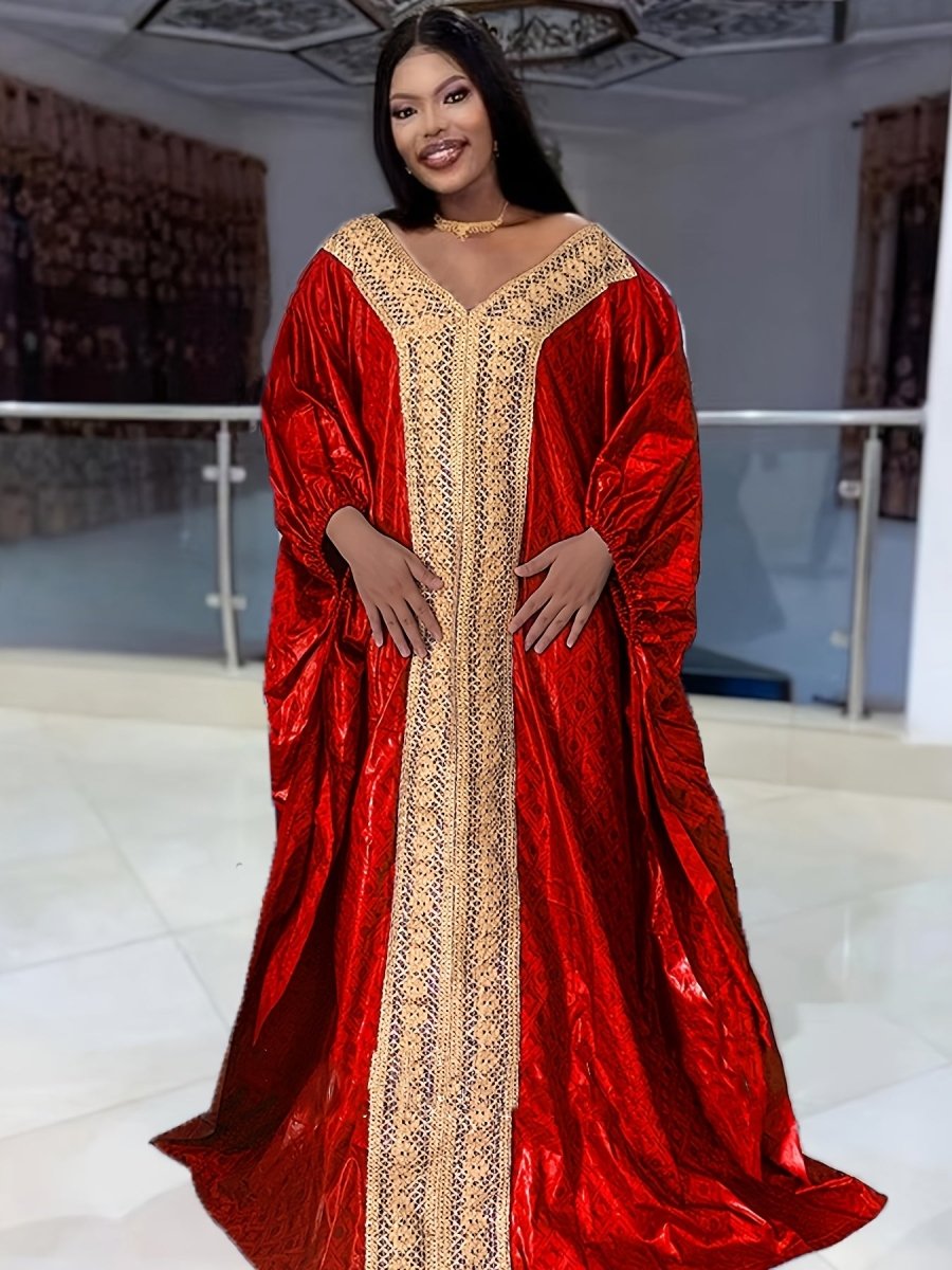 Nigerian Ankara Wedding Dress – Red Embroidery Bazin Riche Robe African Women - Free Delivery Worldwide only at Flexi Africa