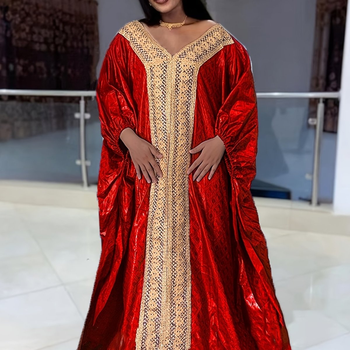 Nigerian Ankara Wedding Dress – Red Embroidery Bazin Riche Robe African Women - Free Delivery Worldwide only at Flexi Africa