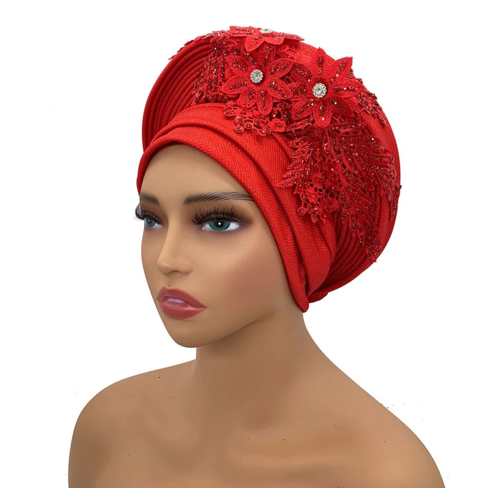 Nigerian Wedding Auto Gele – Elegant Embroidered Lace Women’s Turban Headtie - Free Delivery Worldwide only at Flexi Africa