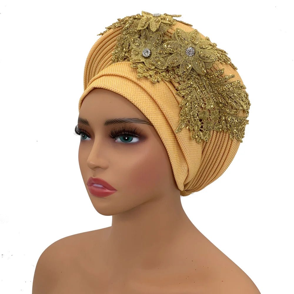 Nigerian Wedding Auto Gele – Elegant Embroidered Lace Women’s Turban Headtie - Free Delivery Worldwide only at Flexi Africa