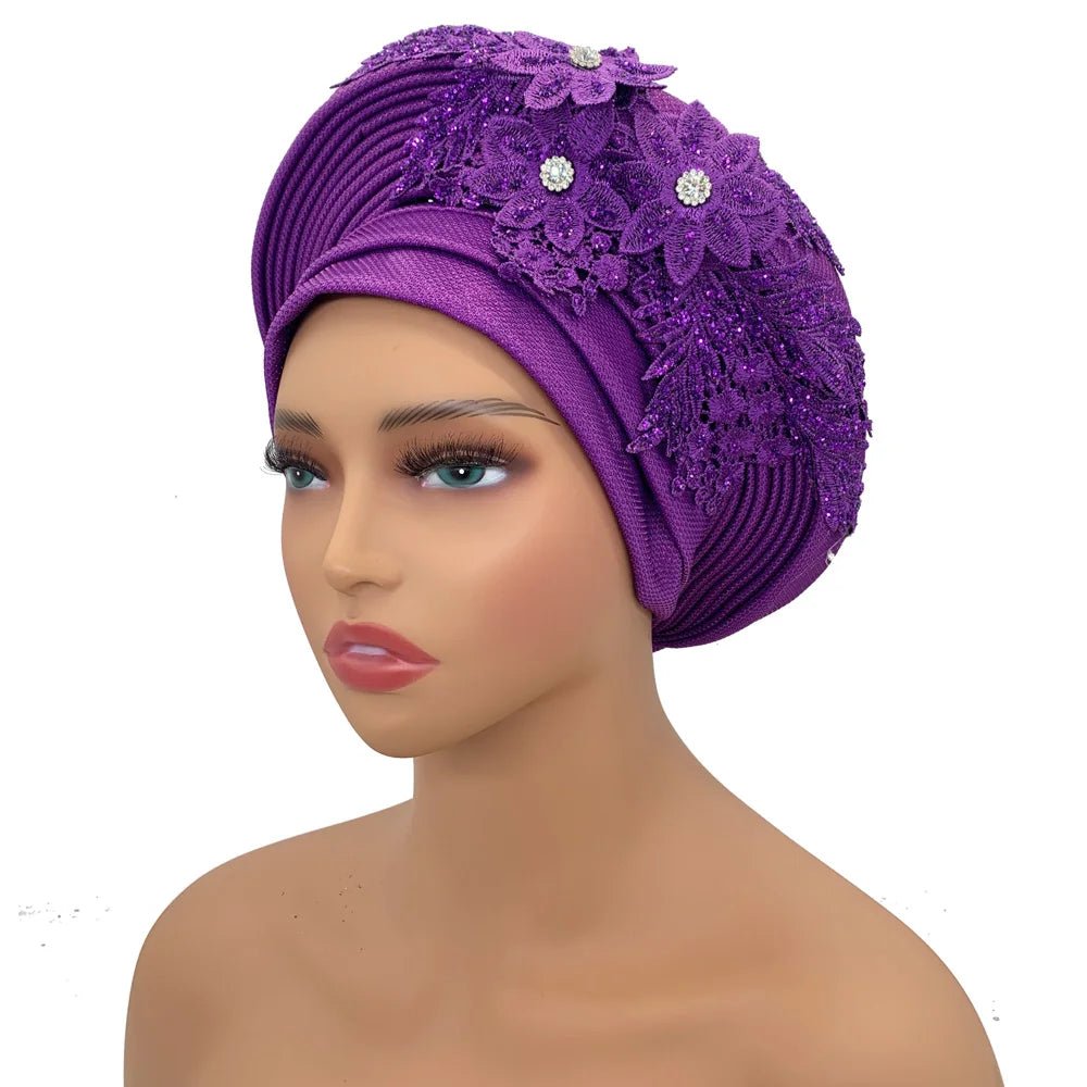 Nigerian Wedding Auto Gele – Elegant Embroidered Lace Women’s Turban Headtie - Free Delivery Worldwide only at Flexi Africa