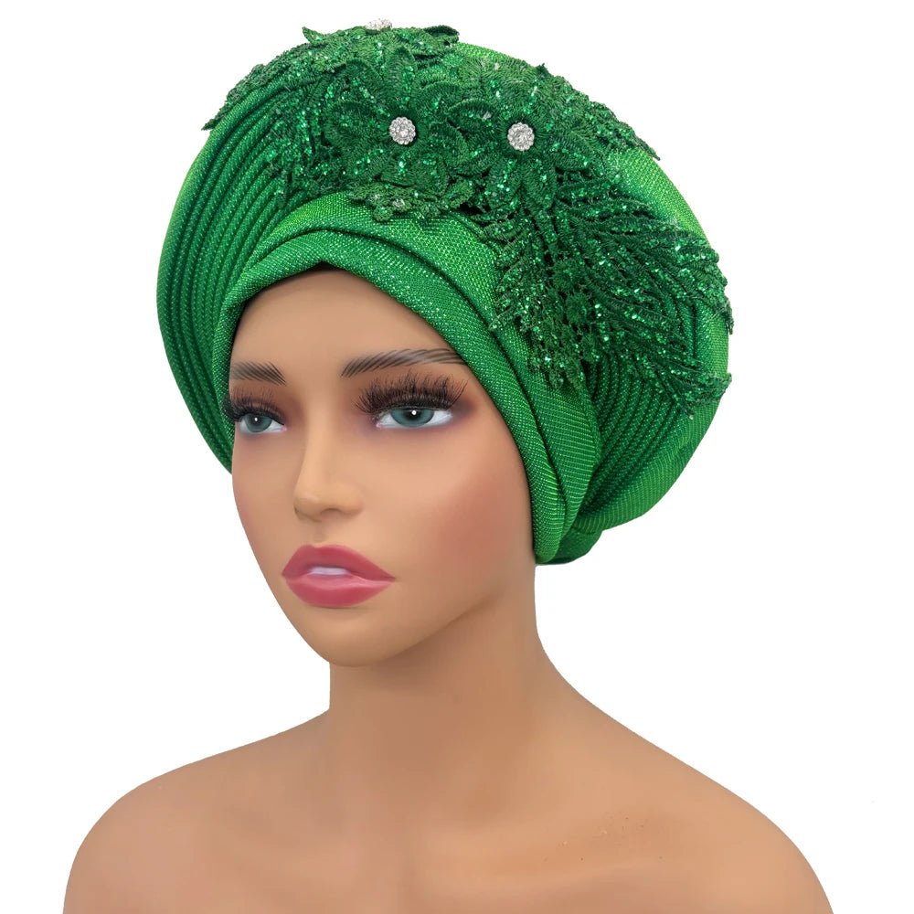 Nigerian Wedding Auto Gele – Elegant Embroidered Lace Women’s Turban Headtie - Free Delivery Worldwide only at Flexi Africa