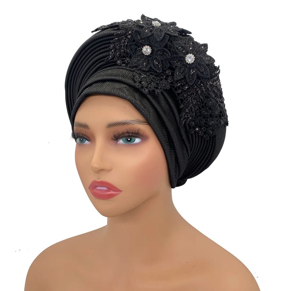 Nigerian Wedding Auto Gele – Elegant Embroidered Lace Women’s Turban Headtie - Free Delivery Worldwide only at Flexi Africa