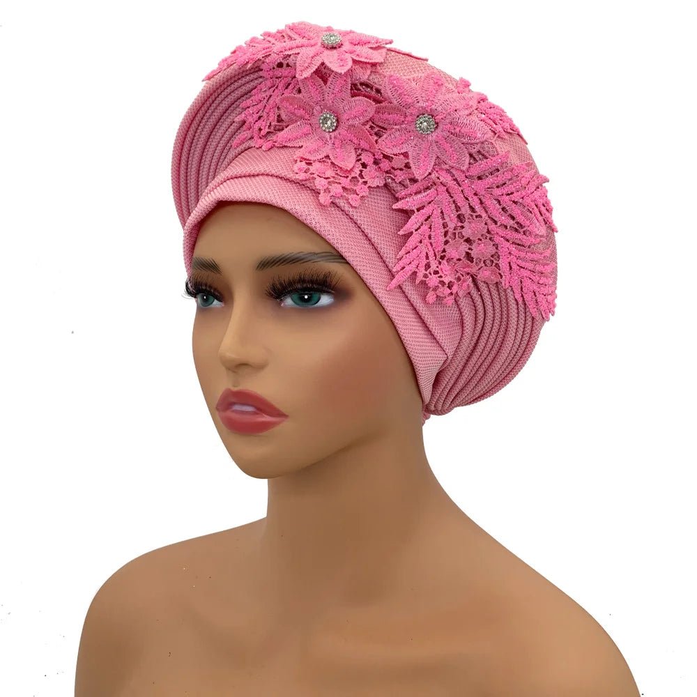 Nigerian Wedding Auto Gele – Elegant Embroidered Lace Women’s Turban Headtie - Free Delivery Worldwide only at Flexi Africa