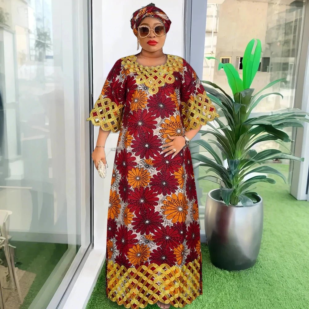 Plus Size African Dresses for Women – Dashiki Bazin Riche Wax Design Wedding Party Dresses with Headscarf - Free Delivery Worldwide only at Flexi Africa