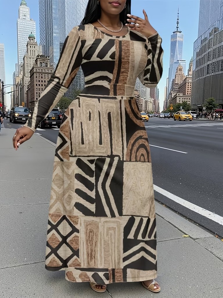 Plus Size African - Indian Tribal Maxi Dress – Long Sleeve A - Line Fit - Free Delivery Worldwide only at Flexi Africa