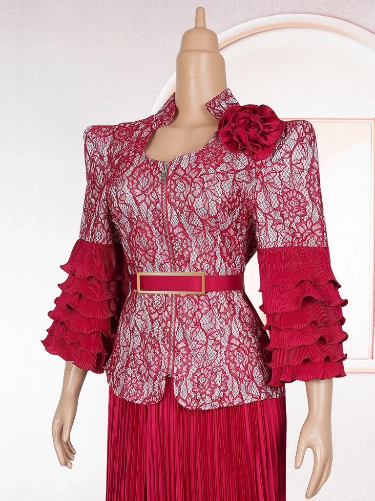 Plus Size African Wedding Outfit – Red Lace Top & Elegant Pleated Maxi Skirt Set - Free Delivery Worldwide only at Flexi Africa