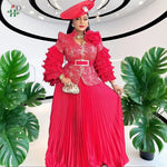 Plus Size African Wedding Outfit – Red Lace Top & Elegant Pleated Maxi Skirt Set - Free Delivery Worldwide only at Flexi Africa