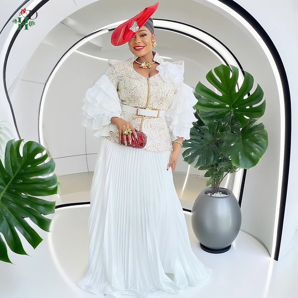 Plus Size African Wedding Outfit – Red Lace Top & Elegant Pleated Maxi Skirt Set - Free Delivery Worldwide only at Flexi Africa