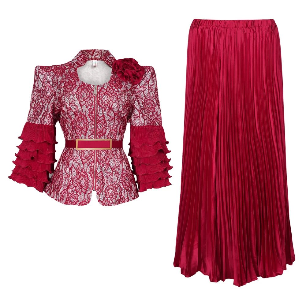 Plus Size African Wedding Outfit – Red Lace Top & Elegant Pleated Maxi Skirt Set - Free Delivery Worldwide only at Flexi Africa