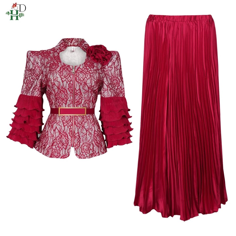Plus Size African Wedding Outfit – Red Lace Top & Elegant Pleated Maxi Skirt Set - Free Delivery Worldwide only at Flexi Africa