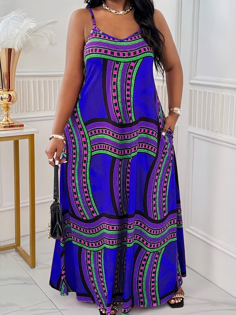 Plus Size Elegant Printed Maxi Dress with Straps & Pockets – Spring Summer Style - Free Delivery Worldwide only at Flexi Africa