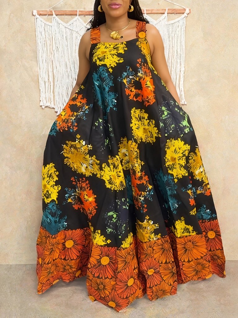 Plus Size Geometric Print Sleeveless Tunic Dress – Square Neck Loose Casual Spring & Fall Fashion - Free Delivery Worldwide only at Flexi Africa