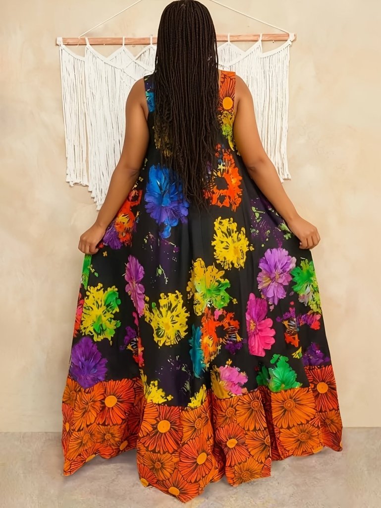 Plus Size Geometric Print Sleeveless Tunic Dress – Square Neck Loose Casual Spring & Fall Fashion - Free Delivery Worldwide only at Flexi Africa