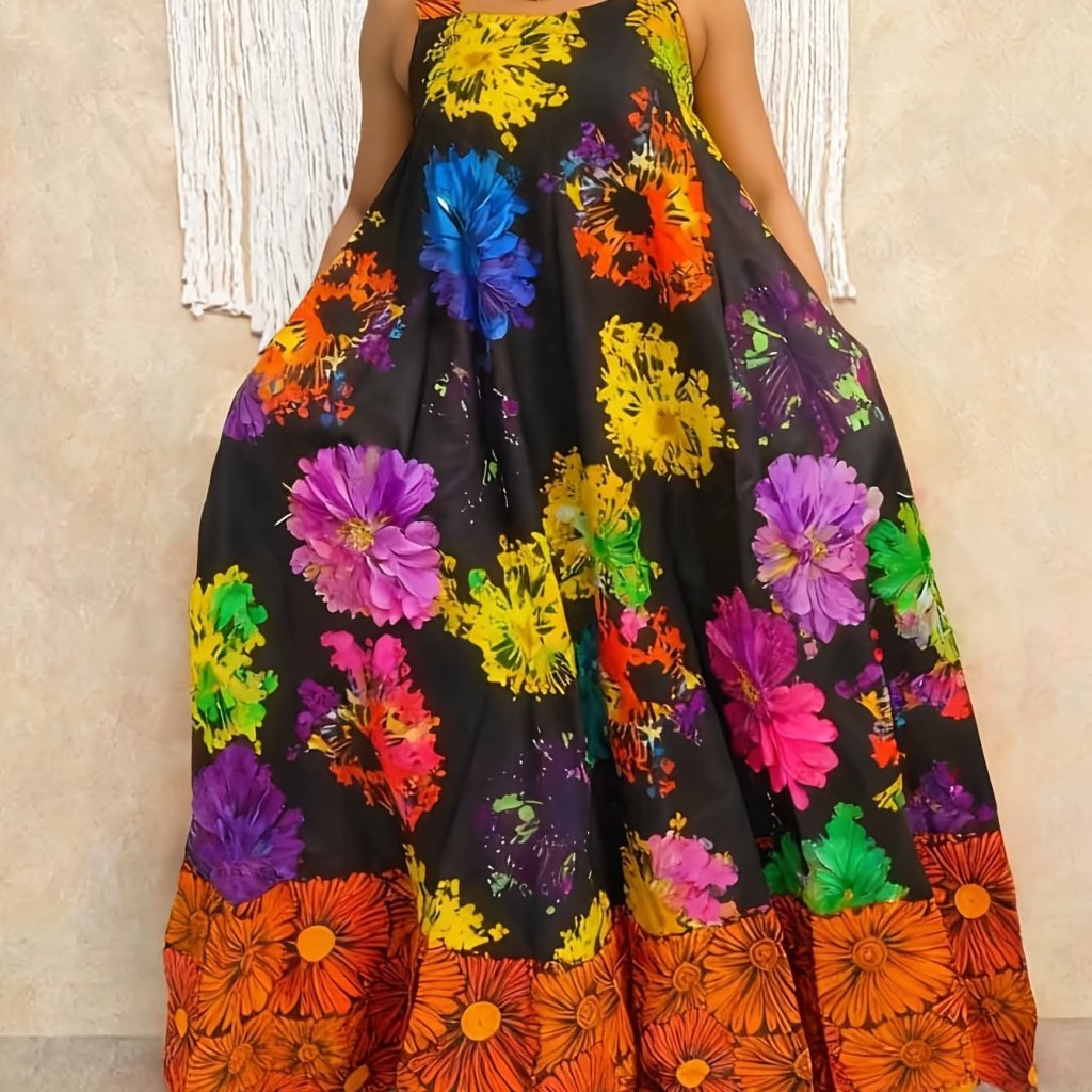 Plus Size Geometric Print Sleeveless Tunic Dress – Square Neck Loose Casual Spring & Fall Fashion - Free Delivery Worldwide only at Flexi Africa