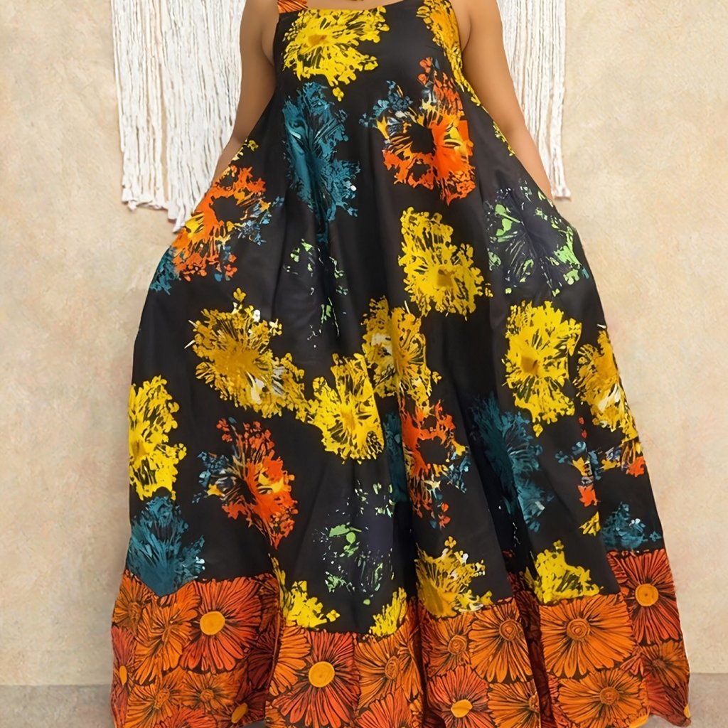 Plus Size Geometric Print Sleeveless Tunic Dress – Square Neck Loose Casual Spring & Fall Fashion - Free Delivery Worldwide only at Flexi Africa