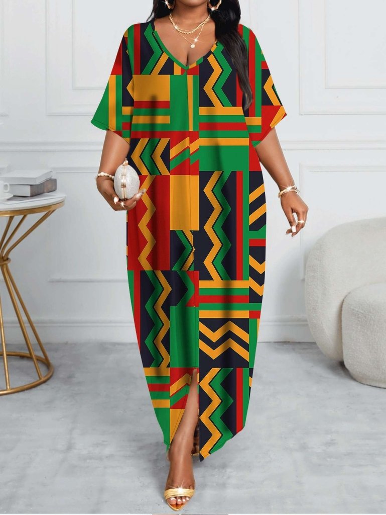 Plus Size Kente - Inspired Geometric African Print Dress - Free Delivery Worldwide only at Flexi Africa