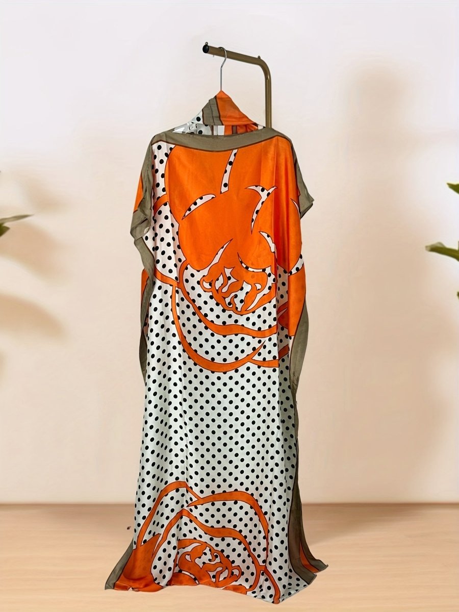 Plus Size Polka Dot Print Kaftan Dress, Modest Crew Short Sleeve Maxi Dress - Free Delivery Worldwide only at Flexi Africa