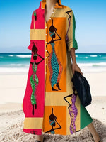 Plus Size Portrait Print Shirt Dress – Loose Fit Long Sleeve Casual Resort Wear - Free Delivery Worldwide only at Flexi Africa