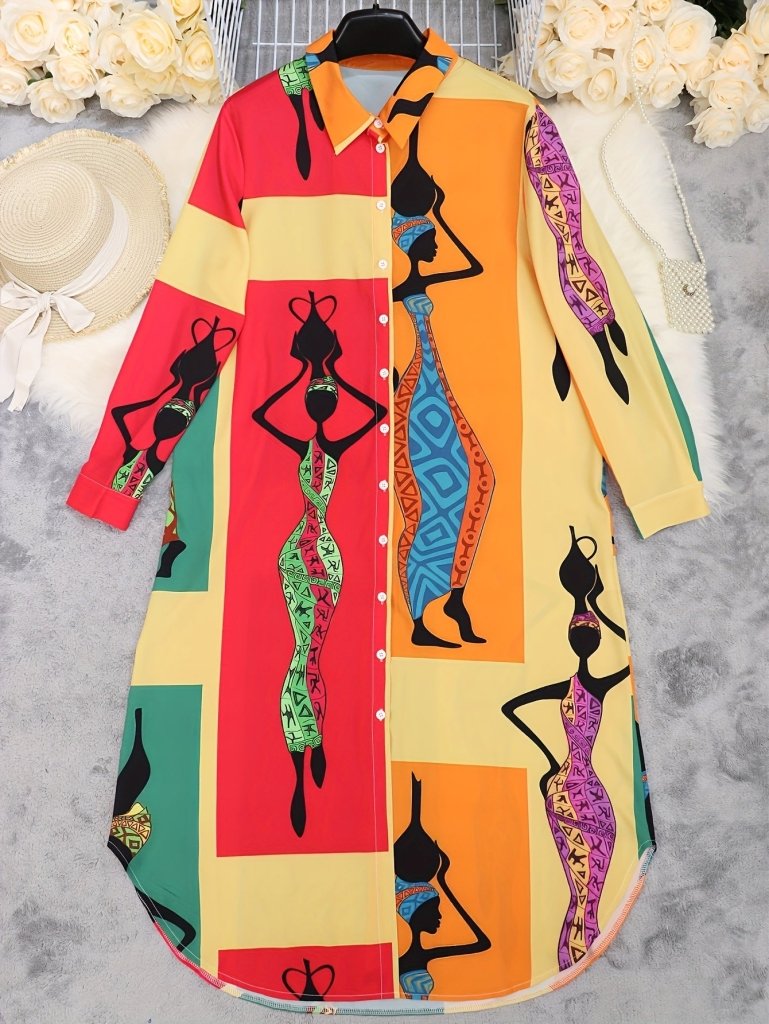 Plus Size Portrait Print Shirt Dress – Loose Fit Long Sleeve Casual Resort Wear - Free Delivery Worldwide only at Flexi Africa