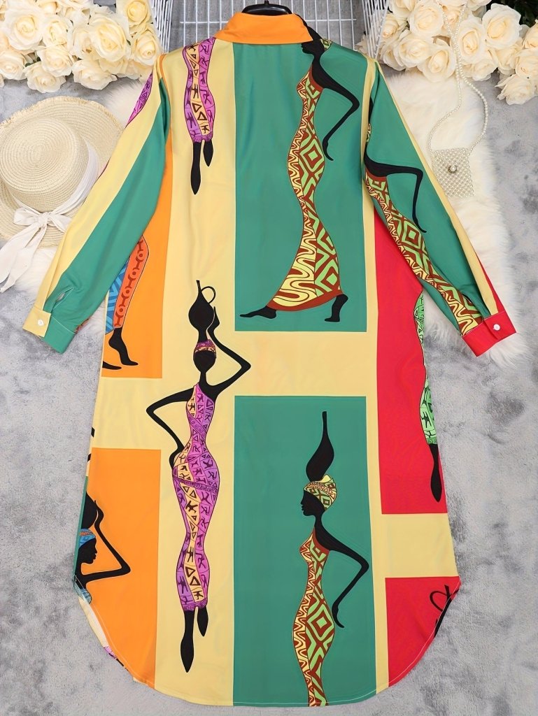 Plus Size Portrait Print Shirt Dress – Loose Fit Long Sleeve Casual Resort Wear - Free Delivery Worldwide only at Flexi Africa
