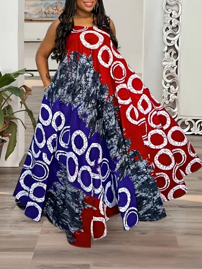 Plus Size Sleeveless African - Inspired Geometric Maxi Dress – Flowy A - Line Floor - Length Style - Free Delivery Worldwide only at Flexi Africa